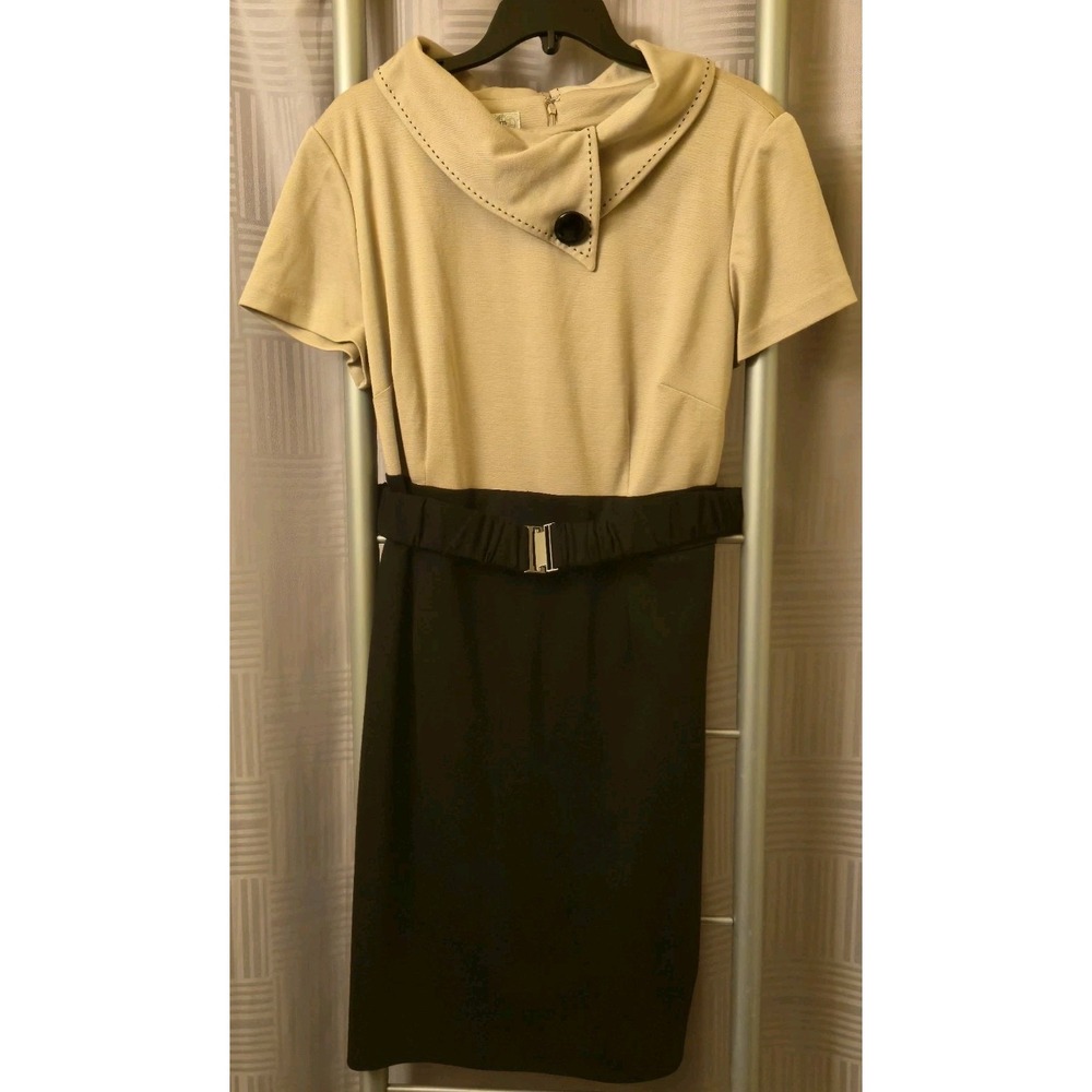 Dressbarn Women 16W Two-toned Tan Black Belted Dress Back Zip Timeless Career